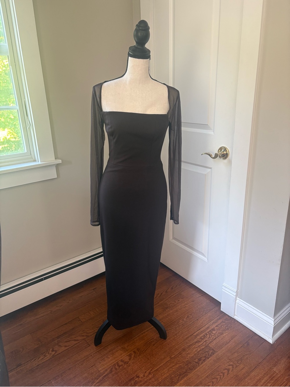 Dress the Population Black Square-Neck Midi Dress with Sheer Long Sleeves